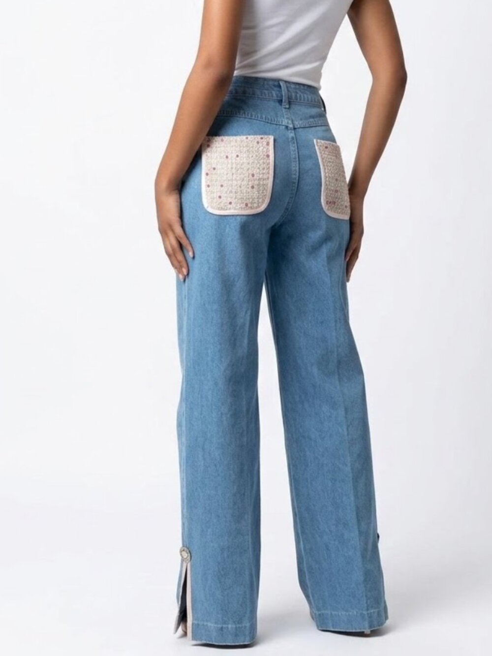 VTG Forenza Dark Wash High Rise Jeans Tweed Trim Pocket Detail Wide Leg 90s
